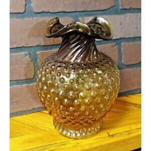 Vintage Amber Hobnail Glass Vase Ruffled Edge ribbed neck gorgeous 8.5x6.5 EUC